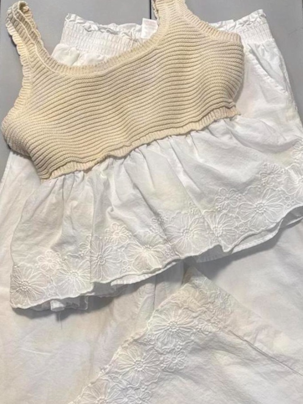Haute Hippie Cream Knit Tank with White Eyelet Pant Set